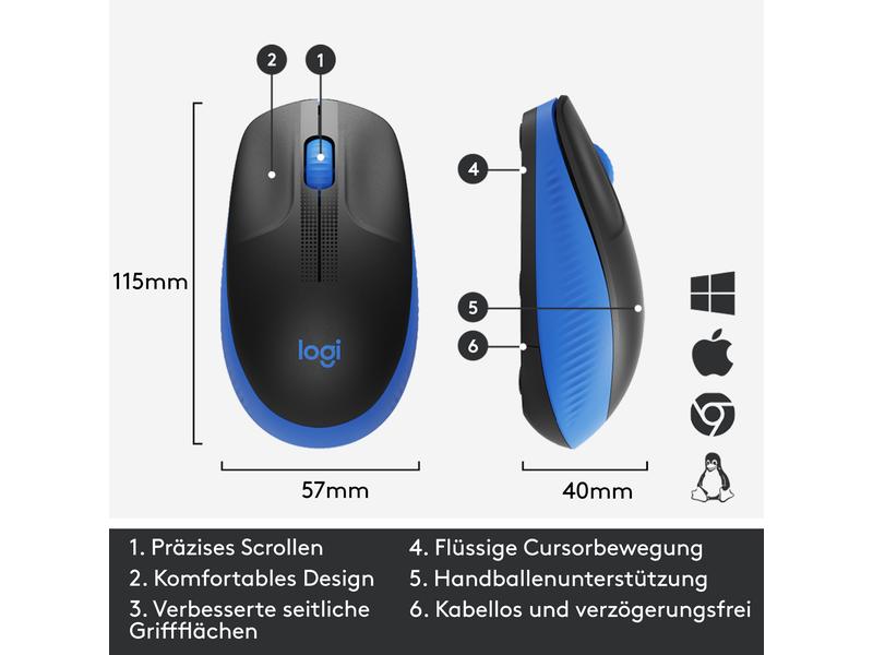 Logitech Maus M190 Blau/Schwarz, kabellos