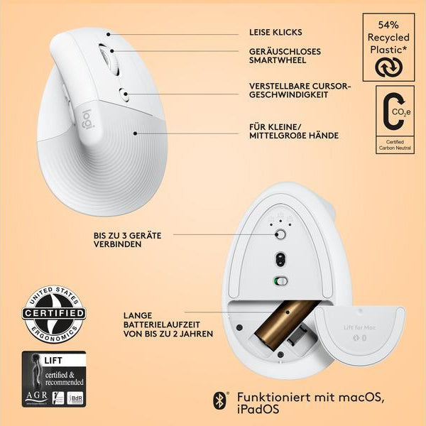 Logitech Ergonomische Maus Lift for Mac off-white