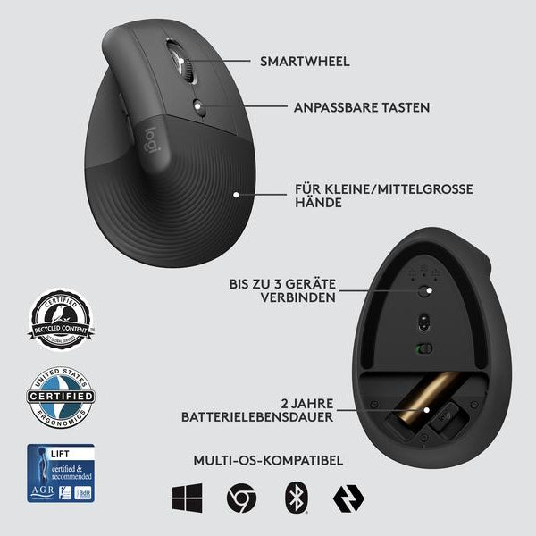 Logitech Ergonomische Maus Lift for Business Graphite