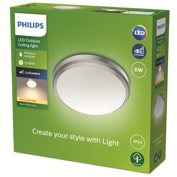 Philips Deckenleuchte Doris, Ø 22 cm, 6W, 2700K, Nickel