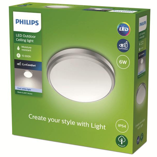 Philips Deckenleuchte Doris, Ø 22 cm, 6W, 4000K, Nickel