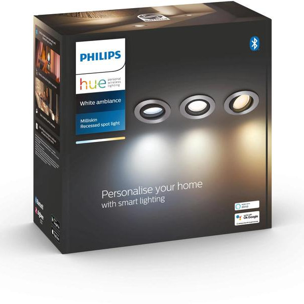 Philips Hue White Ambiance Milliskin Einbauspot 3er-Pack Rund Aluminium
