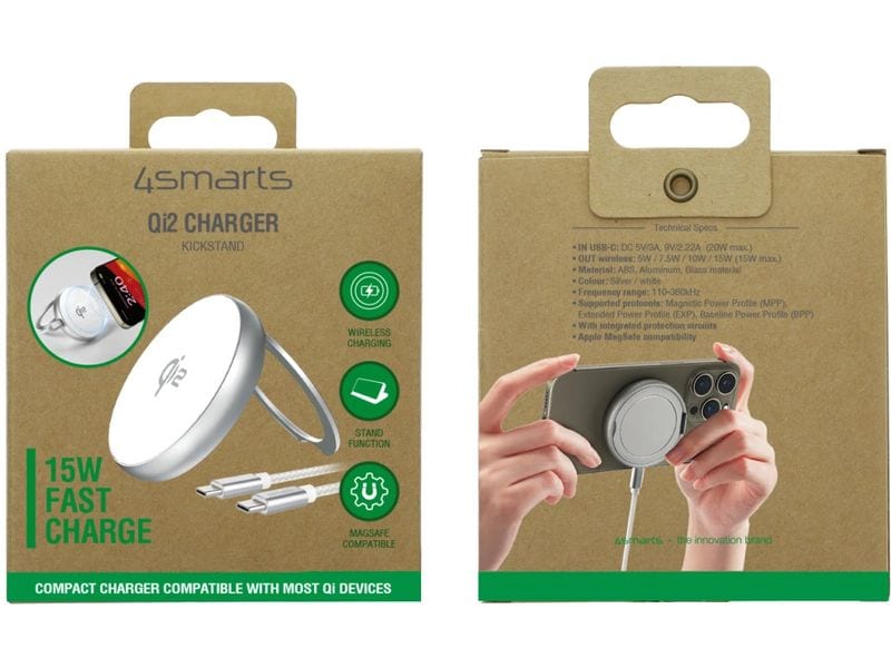 4smarts Wireless Charger Kickstand Qi2 Silber / Weiss
