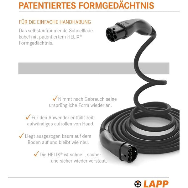 Lapp Ladekabel für Elektroauto Typ 2, 7.4kW, 32A, 5 m, Schwarz