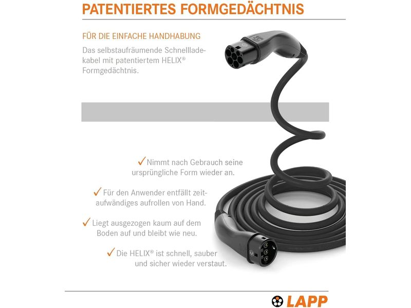 Lapp Ladekabel für Elektroauto Typ 2, 7.4kW, 32A, 5 m, Schwarz