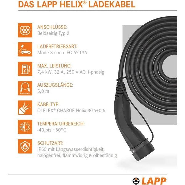 Lapp Ladekabel für Elektroauto Typ 2, 7.4kW, 32A, 5 m, Schwarz