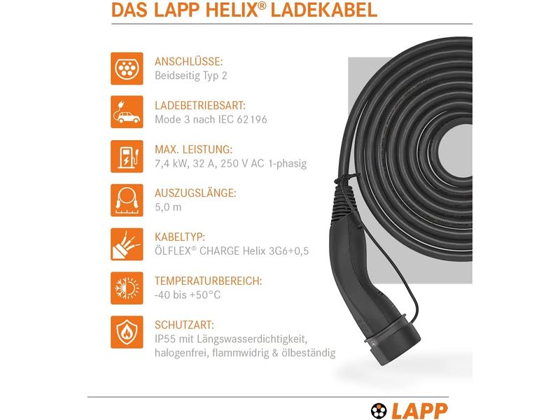 Lapp Ladekabel für Elektroauto Typ 2, 7.4kW, 32A, 5 m, Schwarz