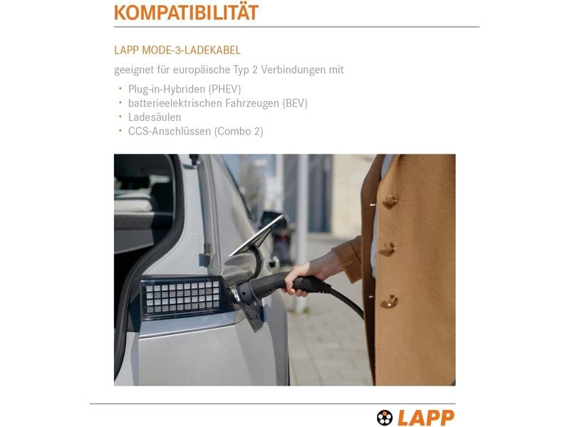 Lapp Ladekabel für Elektroauto Typ 2, 7.4kW, 32A, 5 m, Schwarz