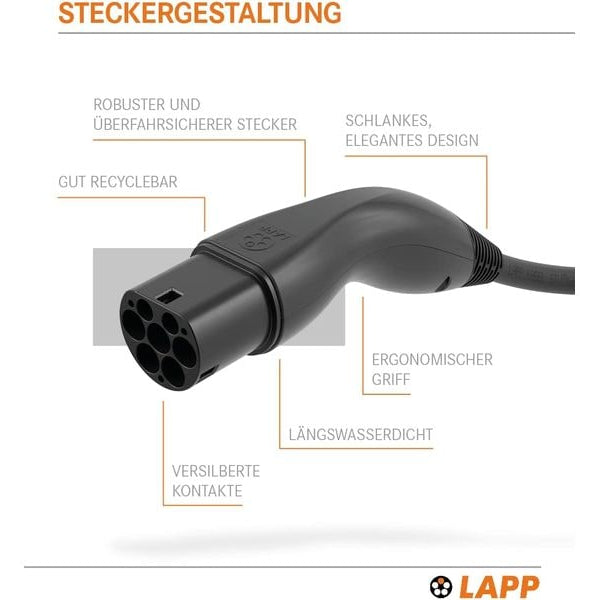 Lapp Ladekabel für Elektroauto Typ 2, 7.4kW, 32A, 5 m, Schwarz