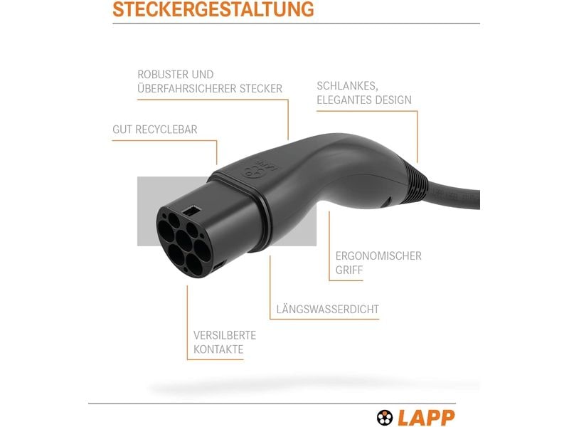 Lapp Ladekabel für Elektroauto Typ 2, 7.4kW, 32A, 5 m, Schwarz