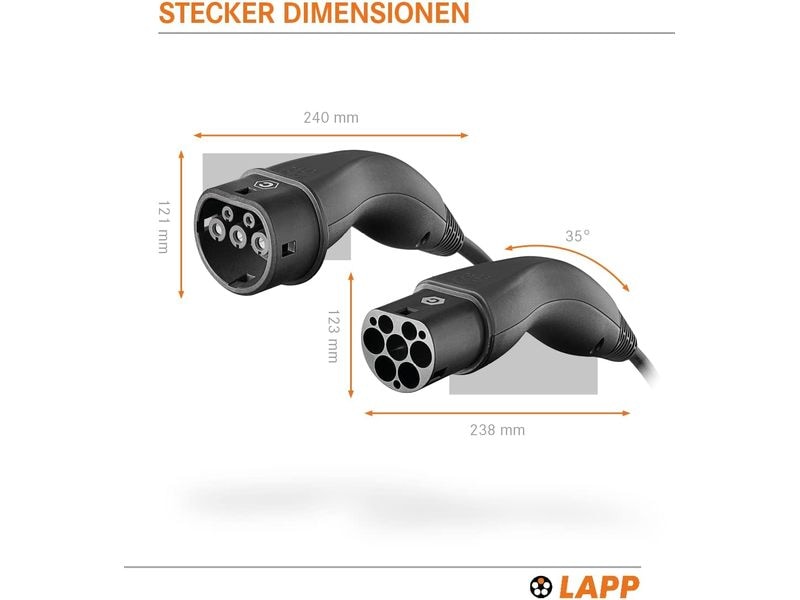 Lapp Ladekabel für Elektroauto Typ 2, 7.4kW, 32A, 5 m, Schwarz