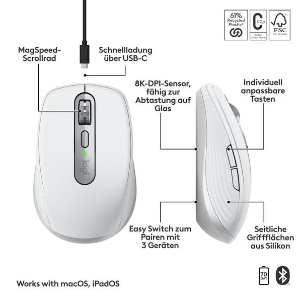 Logitech Mobile Maus MX Anywhere 3s for Mac Pale Grey