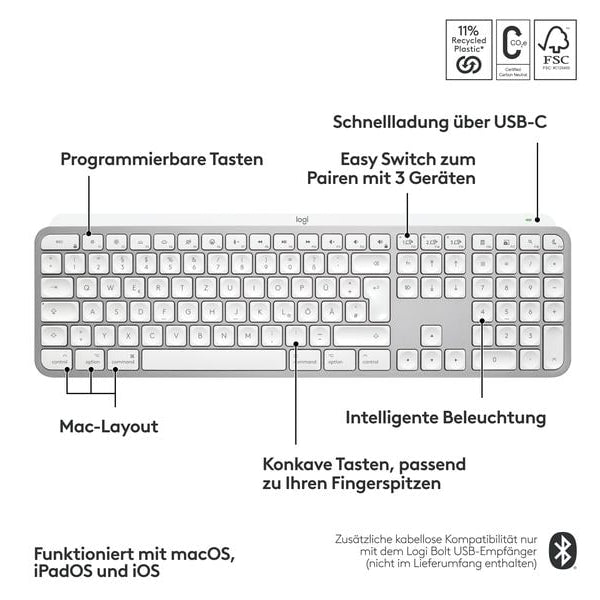 Logitech Tastatur MX Keys S for Mac Pale Grey CH-Layout