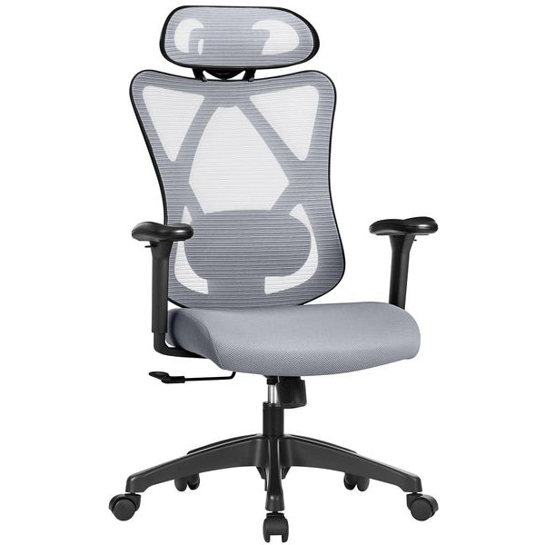 Songmics Bürostuhl mit Netzrücken, Kopfstütze und Armlehnen, Grau