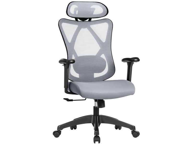 Songmics Bürostuhl mit Netzrücken, Kopfstütze und Armlehnen, Grau