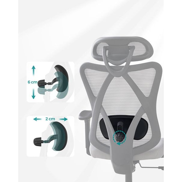 Songmics Bürostuhl mit Netzrücken, Kopfstütze und Armlehnen, Grau