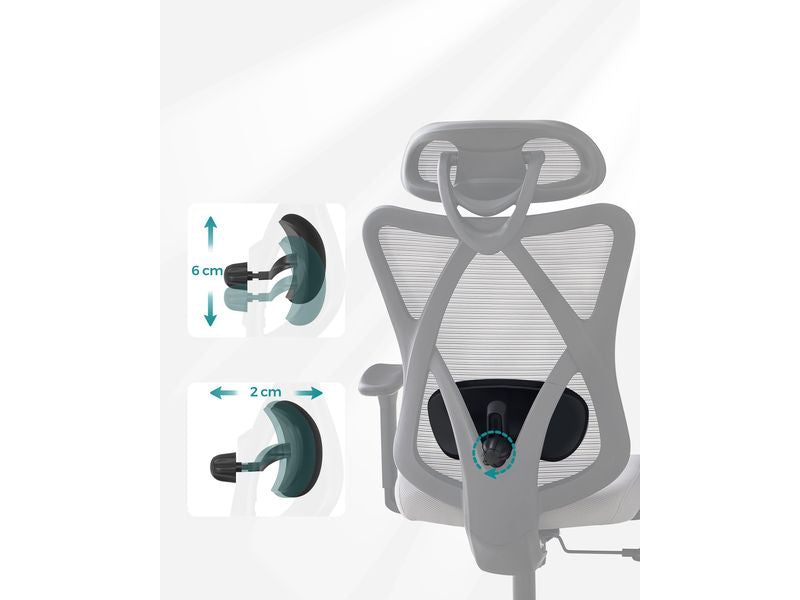 Songmics Bürostuhl mit Netzrücken, Kopfstütze und Armlehnen, Grau