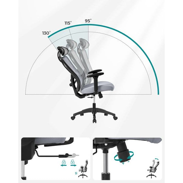 Songmics Bürostuhl mit Netzrücken, Kopfstütze und Armlehnen, Grau