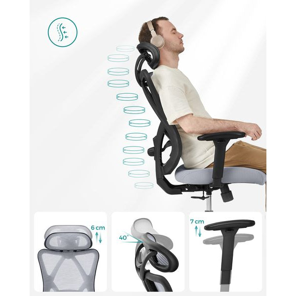 Songmics Bürostuhl mit Netzrücken, Kopfstütze und Armlehnen, Grau