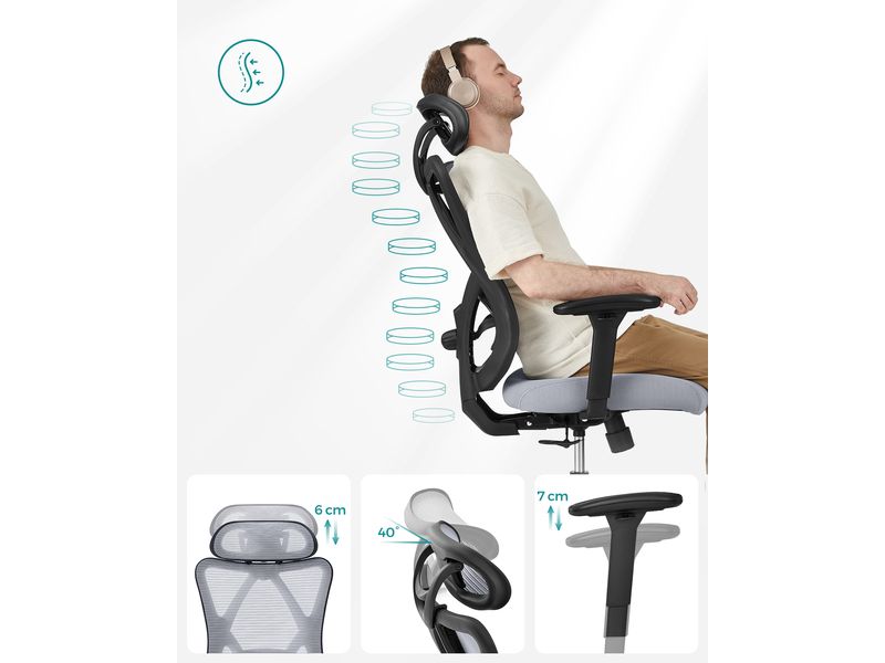 Songmics Bürostuhl mit Netzrücken, Kopfstütze und Armlehnen, Grau