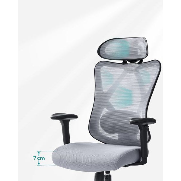 Songmics Bürostuhl mit Netzrücken, Kopfstütze und Armlehnen, Grau