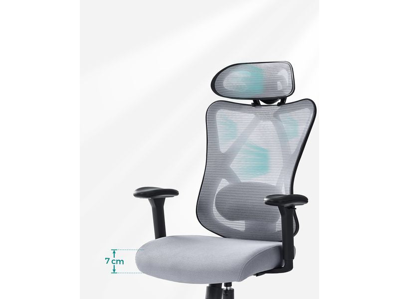 Songmics Bürostuhl mit Netzrücken, Kopfstütze und Armlehnen, Grau