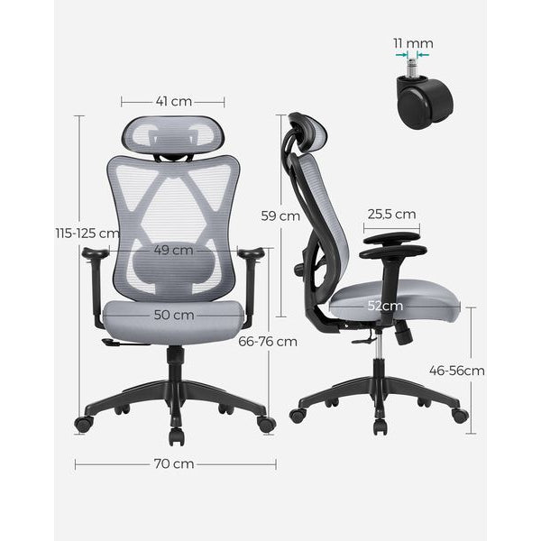 Songmics Bürostuhl mit Netzrücken, Kopfstütze und Armlehnen, Grau