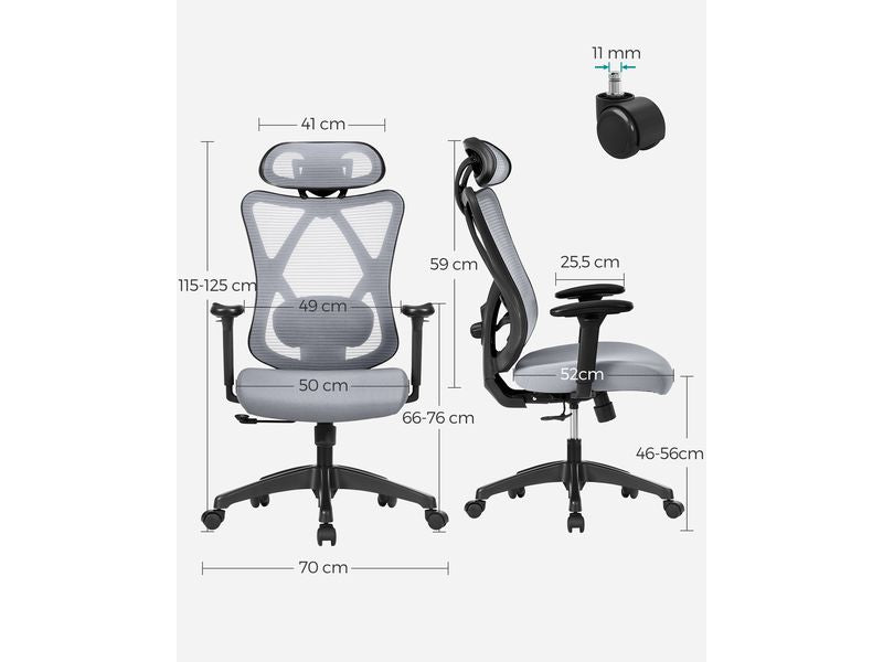 Songmics Bürostuhl mit Netzrücken, Kopfstütze und Armlehnen, Grau