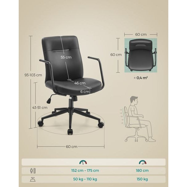 Songmics Bürostuhl mit Polsterrücken und Armlehnen, Schwarz