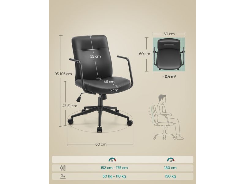 Songmics Bürostuhl mit Polsterrücken und Armlehnen, Schwarz