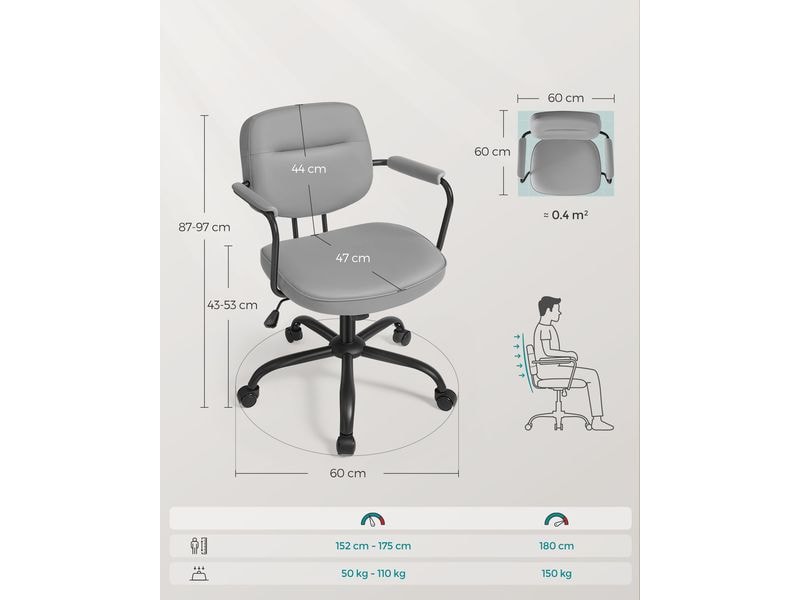 Songmics Bürostuhl mit Polsterrücken und Armlehnen, Grau