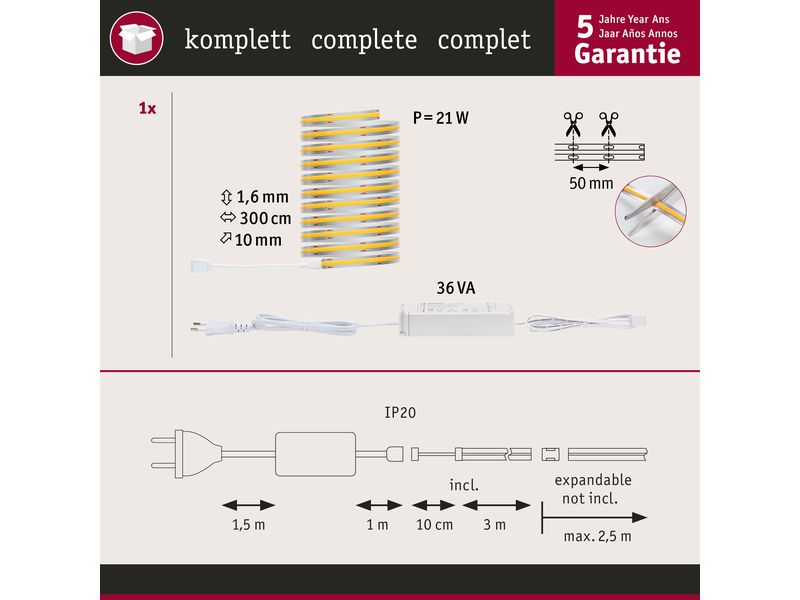 Paulmann LED-Stripe MaxLED 500 Basis Set COB, 2700 K, 3 m, Silber