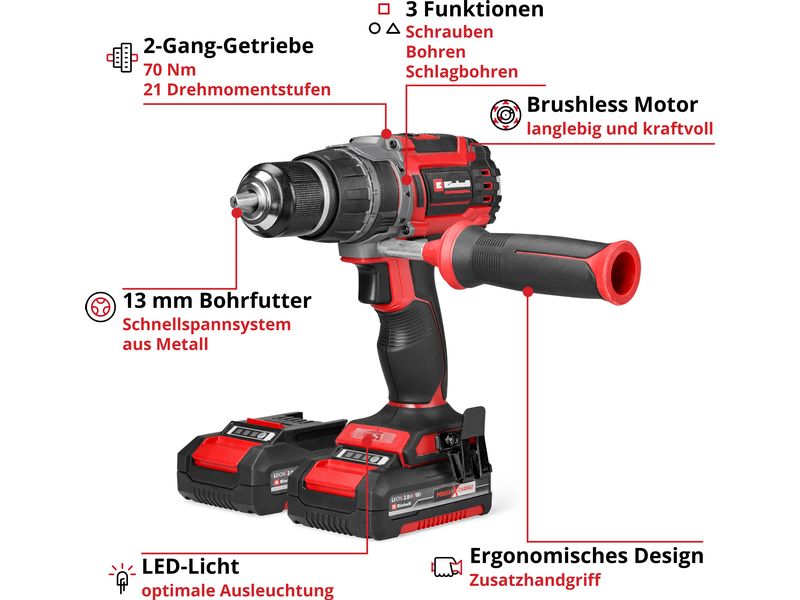 Einhell Akku-Schlagbohrschrauber TP-CD 18/70 Li-i BL (2 x 2.0Ah)