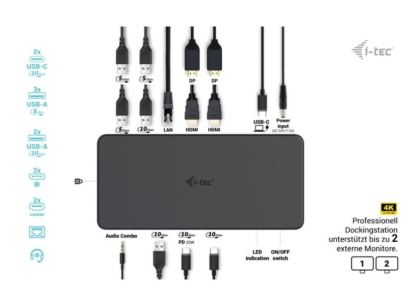 i-tec Dockingstation USB 3.0 / USB-C / TB 3 2x 4K Gen2 + PD 100 W