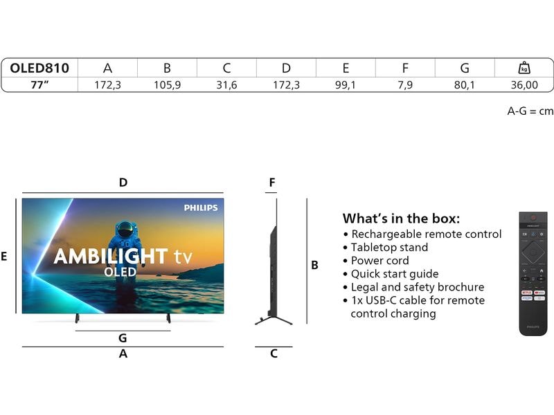 Philips TV 77OLED810/12 77" 4K OLED Ambilight TV, 2025