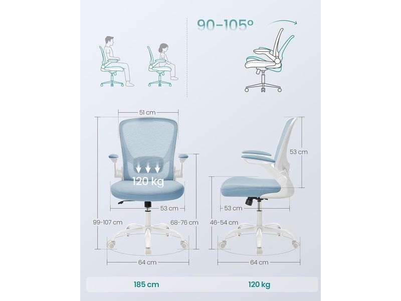 Songmics Bürostuhl mit klappbaren Armlehnen Hellblau