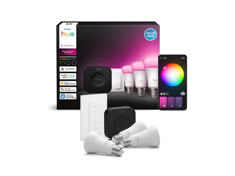 Philips Hue 3 smarte E27-Lampen + Dimmschalter + Hue Bridge Pro