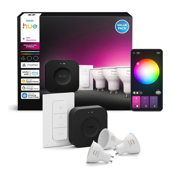 Philips Hue 3 GU10-Lampen + Dimmschalter + Hue Bridge Pro