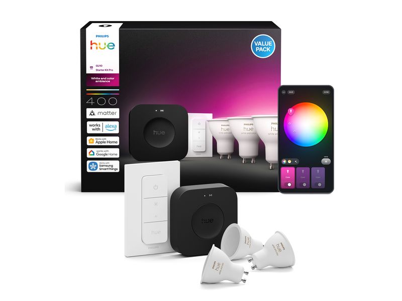 Philips Hue 3 GU10-Lampen + Dimmschalter + Hue Bridge Pro