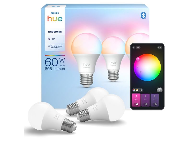 Philips Hue Leuchtmittel Essential, E27, 8 W, White & Colour, 3 Stück