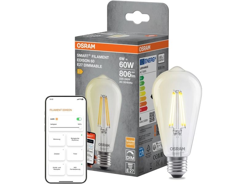OSRAM Leuchtmittel SMART+ WiFi Classic, E27, 2700 K, filament klar