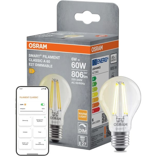 OSRAM Leuchtmittel SMART+ WiFi Classic, E27, 2700 K, filament klar
