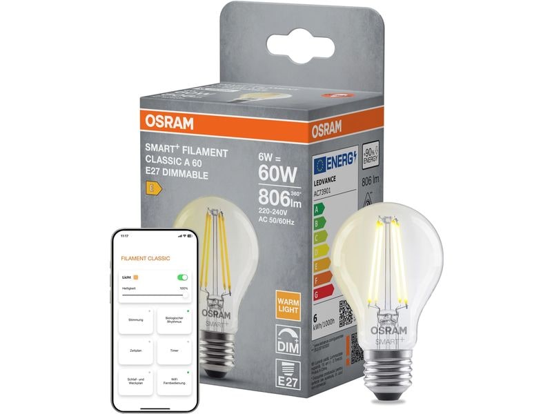 OSRAM Leuchtmittel SMART+ WiFi Classic, E27, 2700 K, filament klar