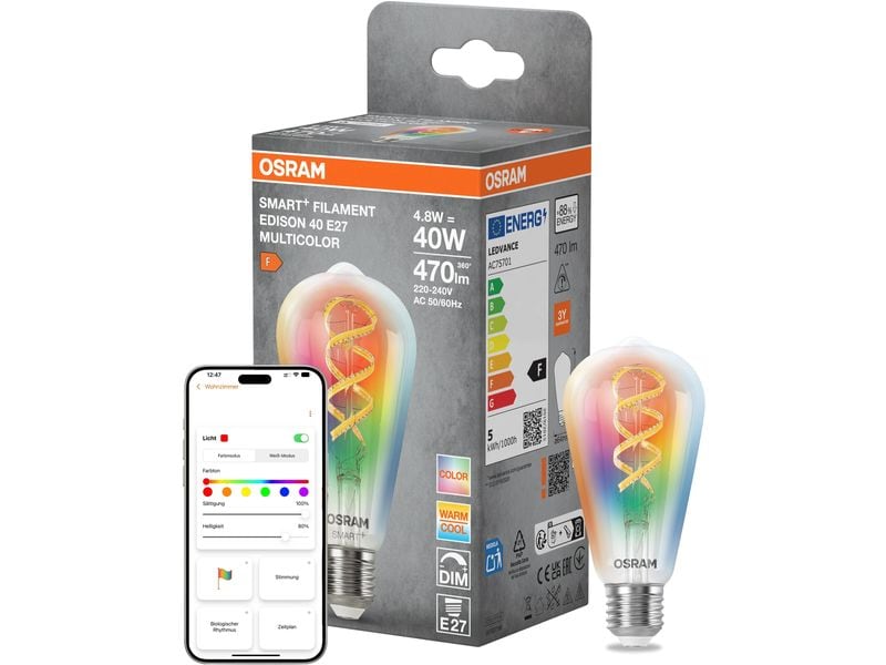 OSRAM Leuchtmittel SMART+ MATTER Edison 40, E27, 4.8 W, RGBW