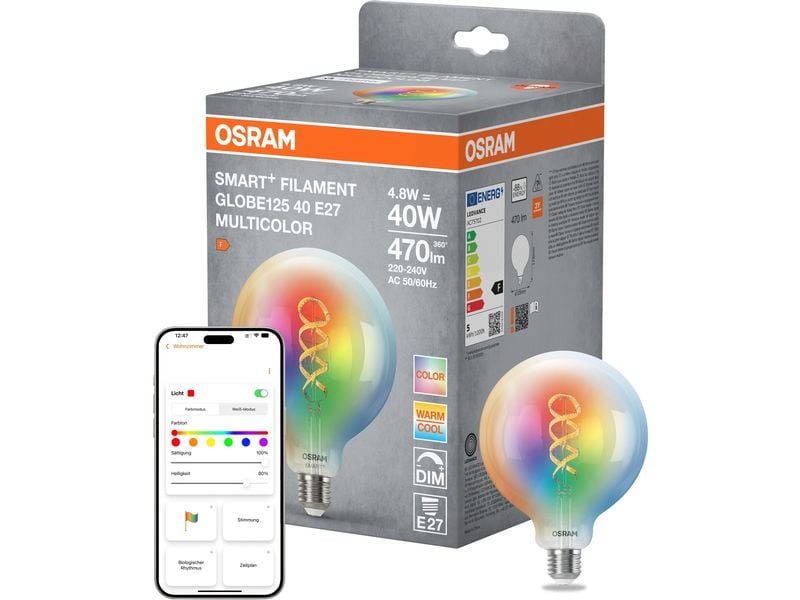OSRAM Leuchtmittel SMART+ MATTER Globe 125 40, E27, 4.8 W, RGBW