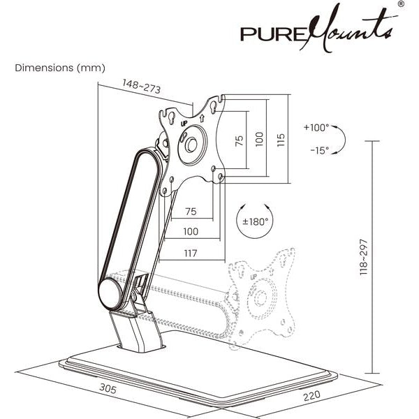 PureMounts Tischhalterung PM-OFFICE-ST-20 bis 8 kg – Schwarz