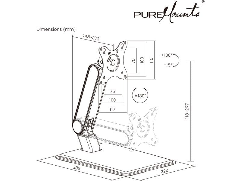 PureMounts Tischhalterung PM-OFFICE-ST-20 bis 8 kg – Schwarz