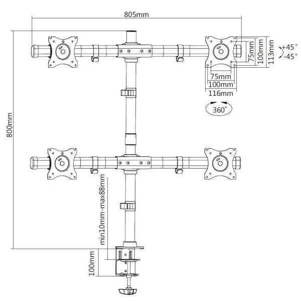 Multibrackets Tischhalterung Basic Quad bis 8 kg – Schwarz