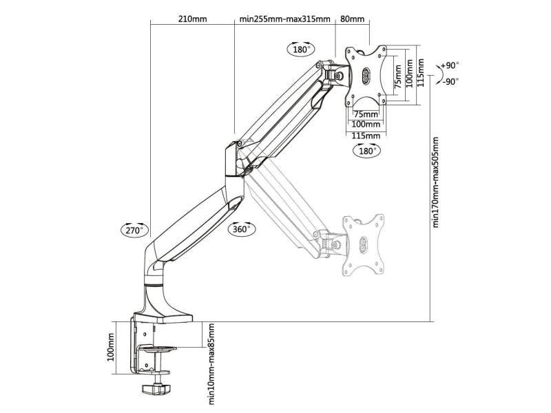 Multibrackets Tischhalterung Gas Spring bis 8 kg – Schwarz