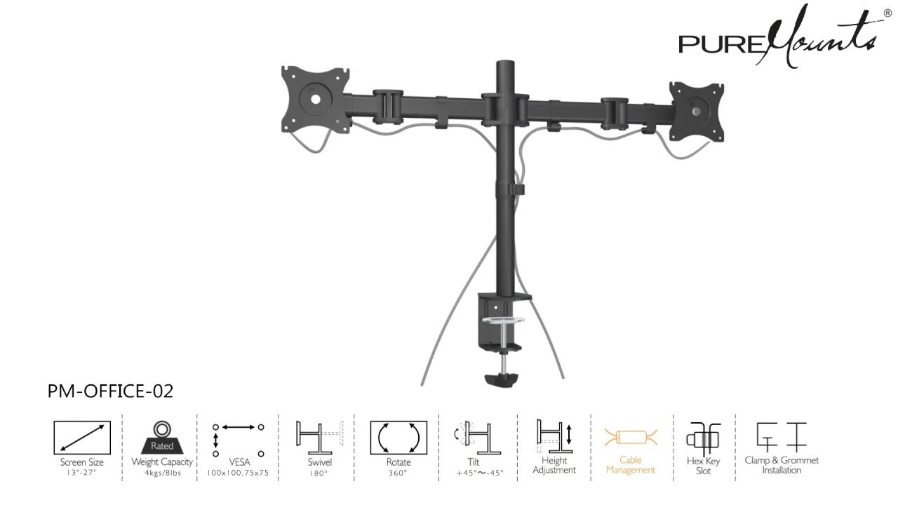 PureMounts Tischhalterung PM-OFFICE-02 bis 8 kg – Schwarz